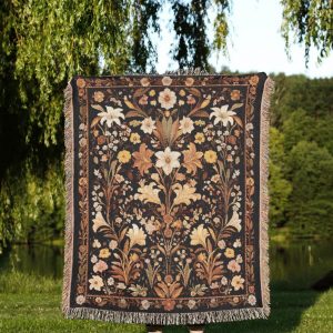 Dark Floral Woven Blanket A Tapestry Throw With Vintage Wildflowers